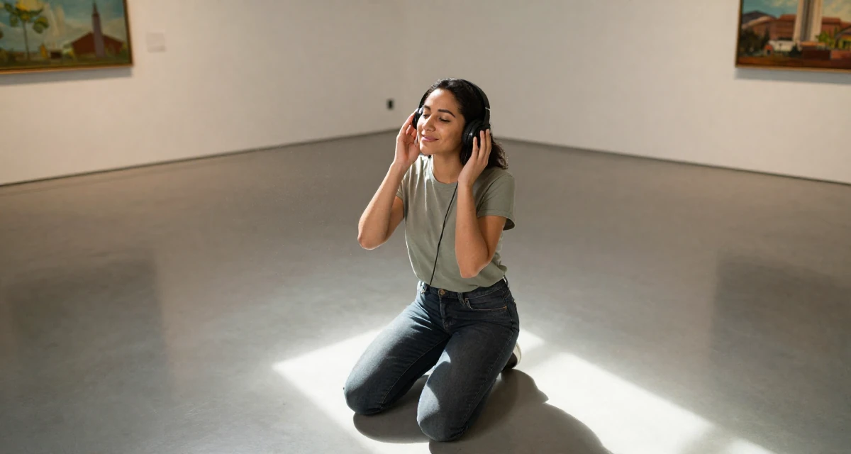 A satisfied Female From United States, studied civil service management in their 23, seeking career clarity through trial and error, wearing a modern casual lifestyle wear, listening to music with headphones in a art gallery.