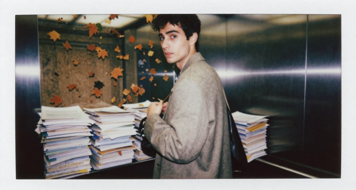 A fragile male From Italy, studied fashion design in Milan in their 23, building consistency in personal projects, wearing a oversized blazer draped over the shoulders, holding a purse tightly in a elevator hall.