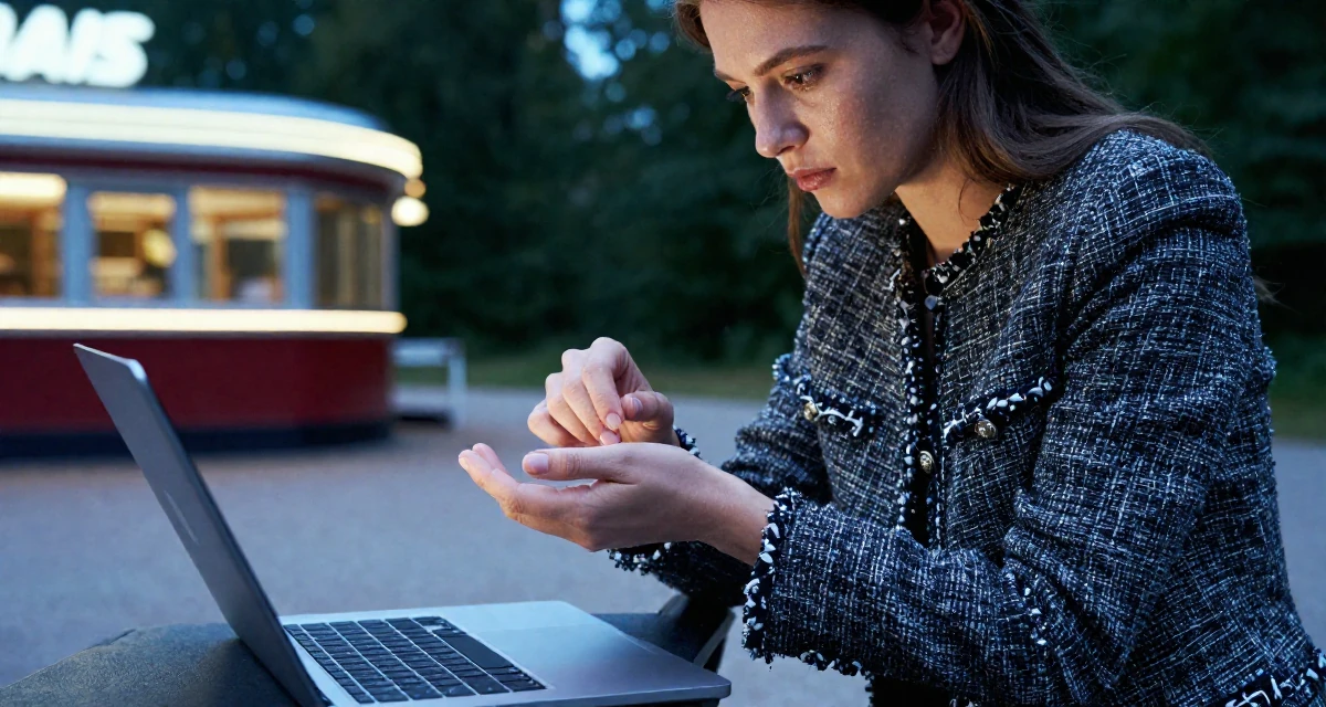 A introspective Female From Gothenburg Sweden, studied sustainable development in their 22, experimenting with online creative platforms, wearing a classic chanel style tweed suit, wiping hands in a forest path.