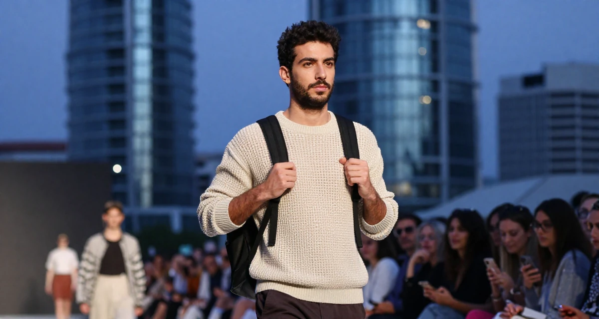 A dignified male From Turkey, based in Izmir, graduated from a communication faculty majoring in brand strategy in their 21, struggling to disconnect from social media, wearing a loose open-knit sweater showing skin underneath, adjusting a backpack strap in a fashion runway.