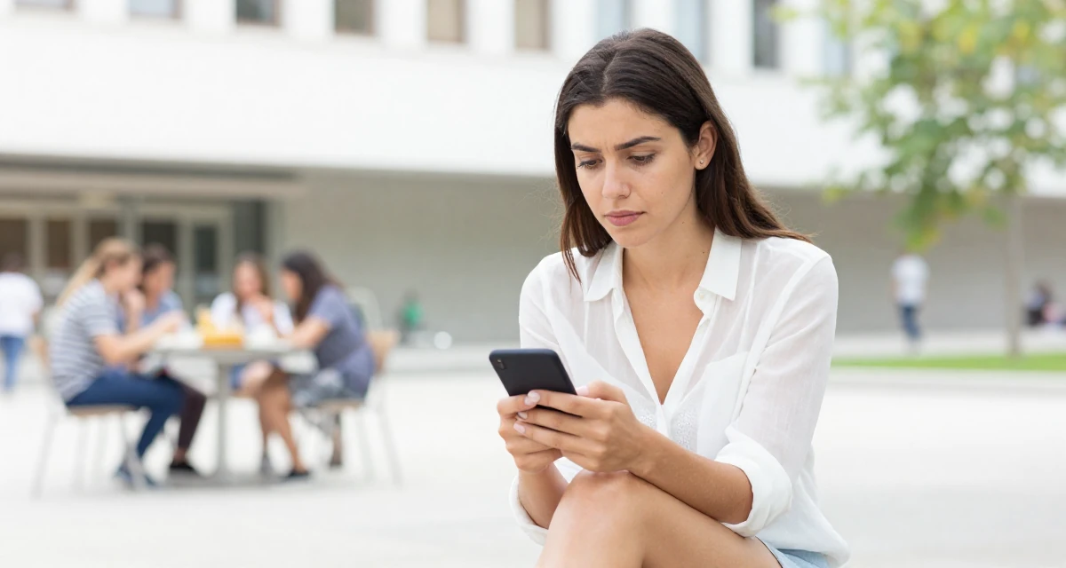 A expectant Female Grew up in Spain, studied international business in their 33, balancing softness with inner strength, wearing a sheer white blouse with a delicate camisole underneath, checking a phone in a university campus.