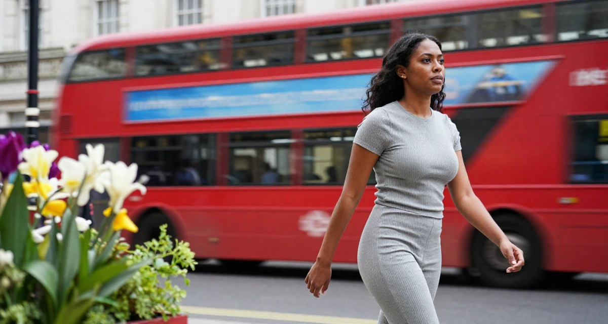 A stoic and strong Female From England, studied film and television in their 34, exploring the world of digital art and NFTs, wearing a ribbed lounge set that hugs the curves, pausing mid-step in a cinema entrance.