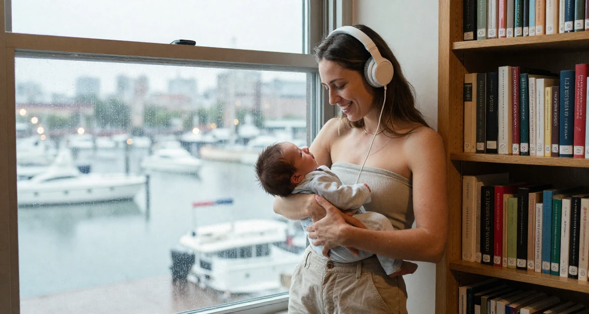 A glowing Female From USA, studied psychology and human behavior in their 35, caring for a newborn, wearing a strapless tube top and cargo pants, listening to music with headphones in a quiet library corner.
