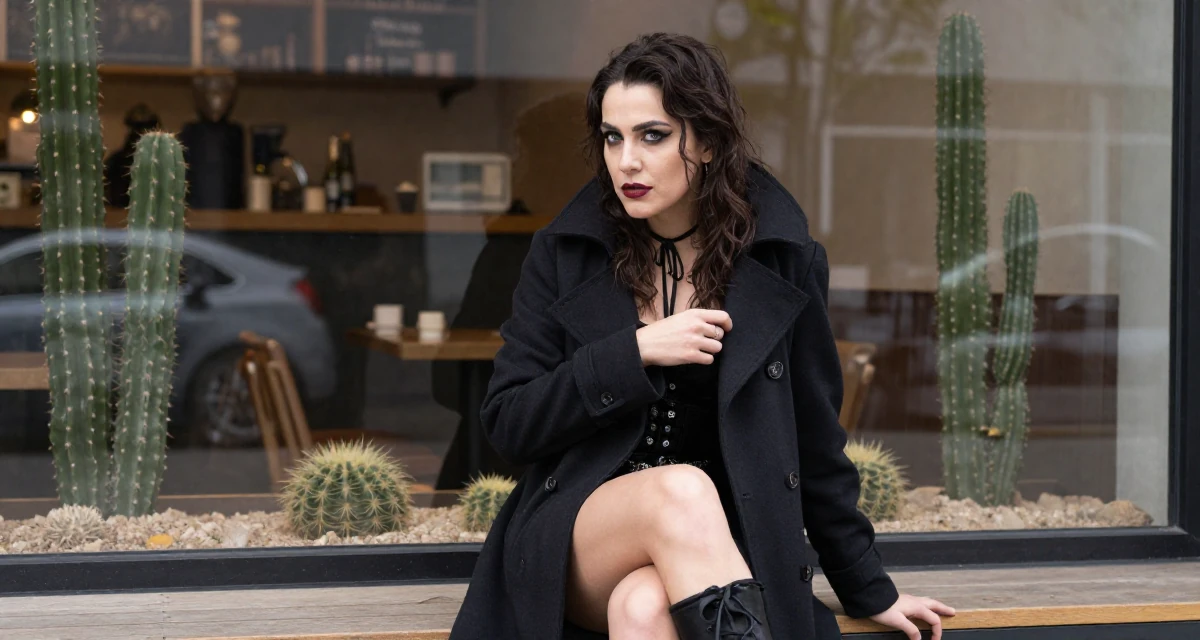 A proud Female Once a hotel bartender, now creating nightlife-themed fan content in their 29, carrying invisible pressure to stay relevant, wearing a gothic vampire hunter outfit with a long coat, looking for something in a pocket in a cozy café.