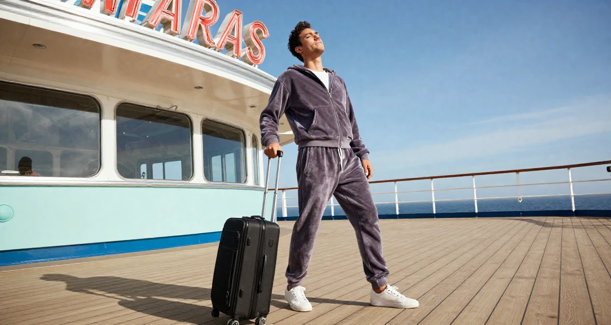 A sarcastic male Former small-town teacher, now exploring expressive photography in their 32, seeking intellectual challenges over busy work, wearing a velour tracksuit with a cropped zip-up hoodie, pulling a suitcase in a cruise ship deck.
