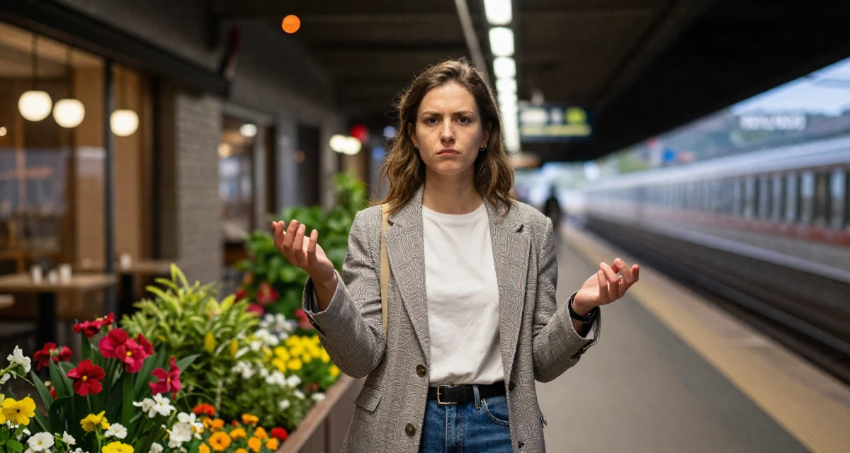 A cynical Female From Poland, majored in international relations in their 23, juggling low-paying jobs while squeezing time for content, wearing a structured jacket with casual tee, putting hands in pockets in a subway platform.