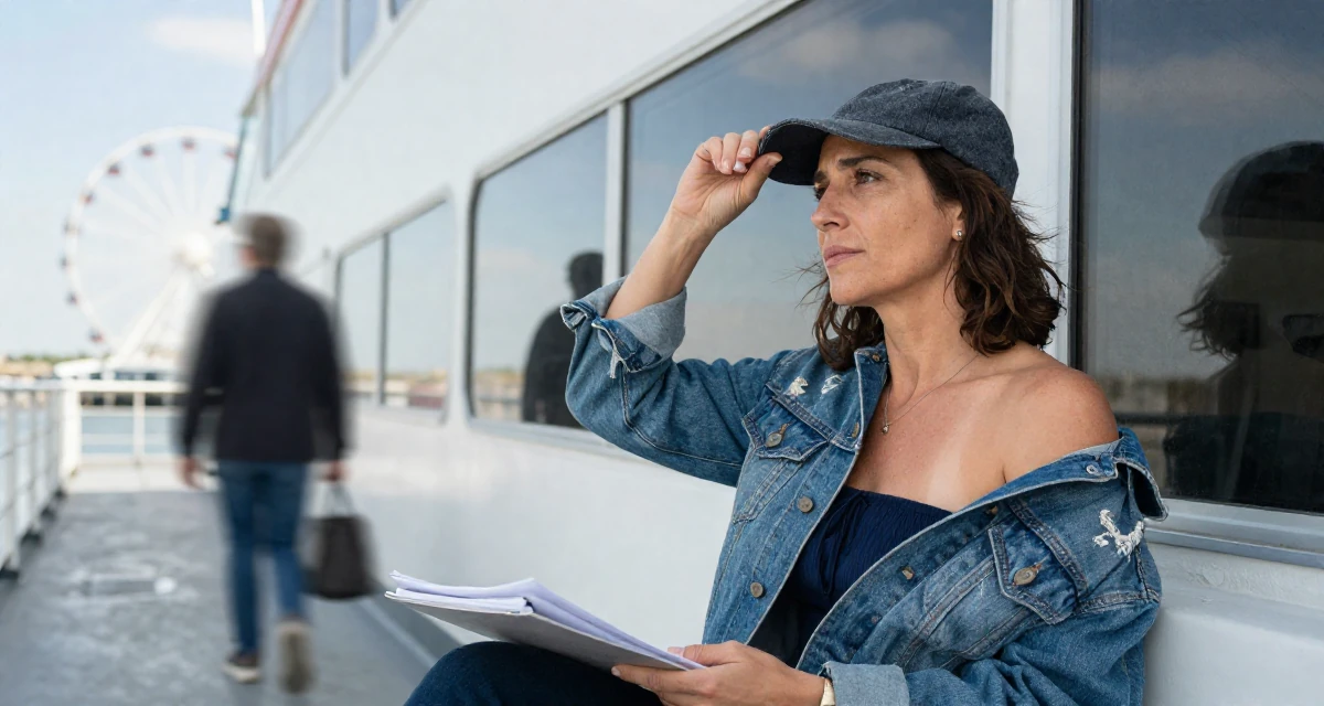 A soft Female From Madrid Spain, studied journalism in their 49, savvy investor sharing retirement planning tips, wearing a denim jacket worn off-shoulder over a tube top, adjusting a hat in a ferry deck.