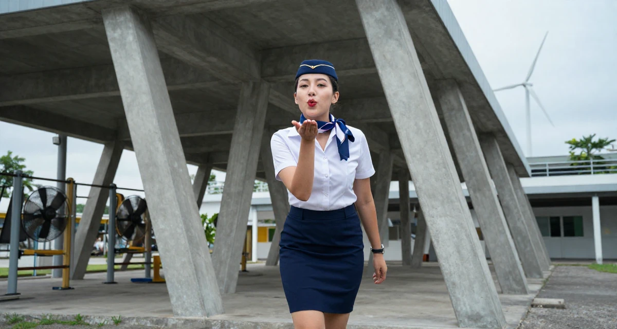 A refreshed Female From Penang Malaysia, studied UI/UX design in their 22, building fans who appreciate charm over shock, wearing a flight attendant uniform with a silk scarf, blowing a kiss in a school playground.