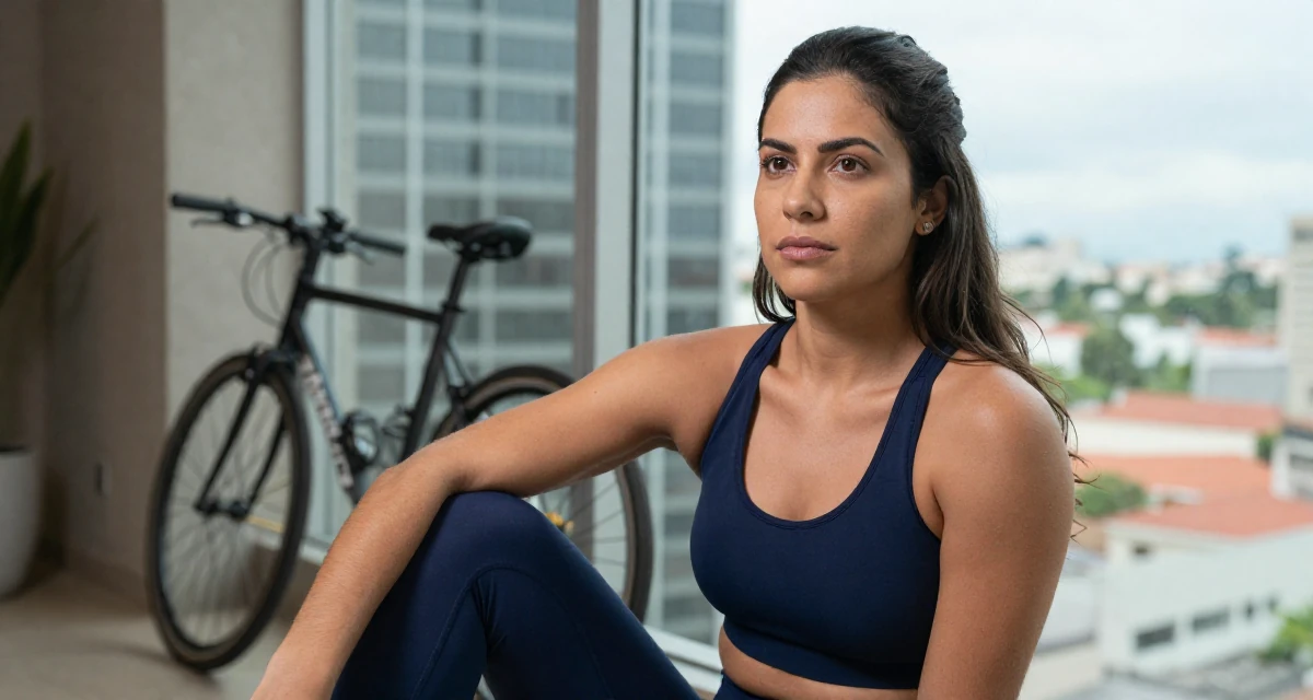 A reserved Female From Brazil, graduated in tourism management in their 44, expert in negotiation and communication skills, wearing a form-fitting athletic set with a sports bra and leggings, taking a photo in a modern skyscraper lobby.