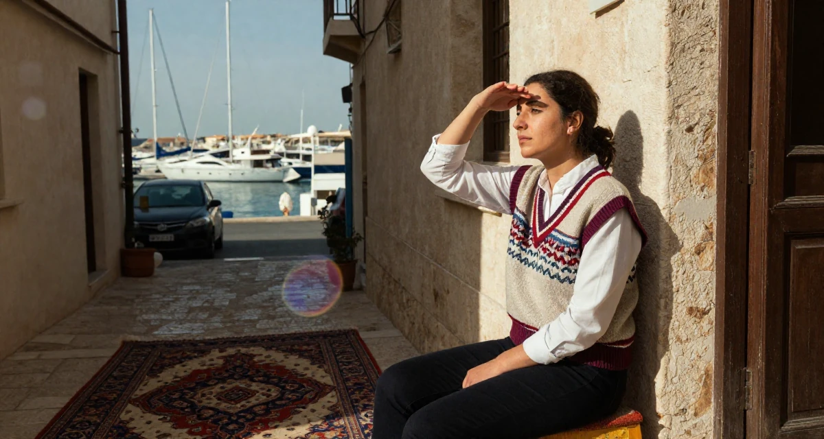 A nostalgic Female From Lebanon, based in Beirut, graduated from a creative institute majoring in expressive photoshoot styling in their 36, building a community for working moms, wearing a preppy sweater vest combo, shading eyes from the sun in a quiet alleyway.