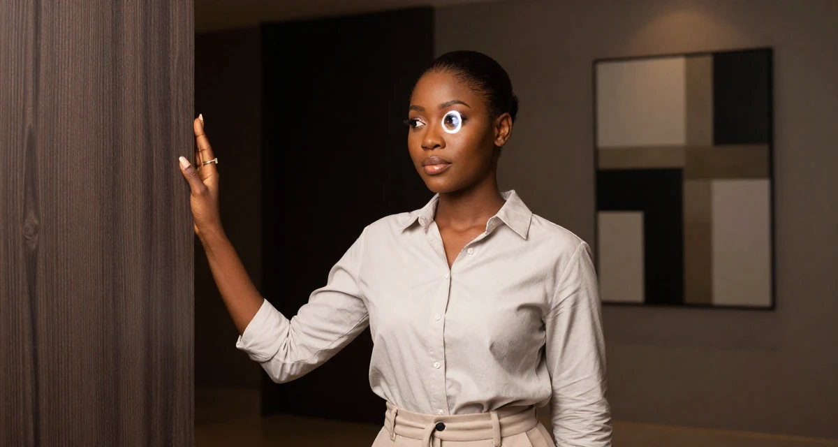 A reflective Female From Lagos Nigeria, majored in digital marketing in their 25, discovering the mental toll of constant visibility, wearing a clean, neutral-toned casual outfit, playing with a ring in a hotel lobby.
