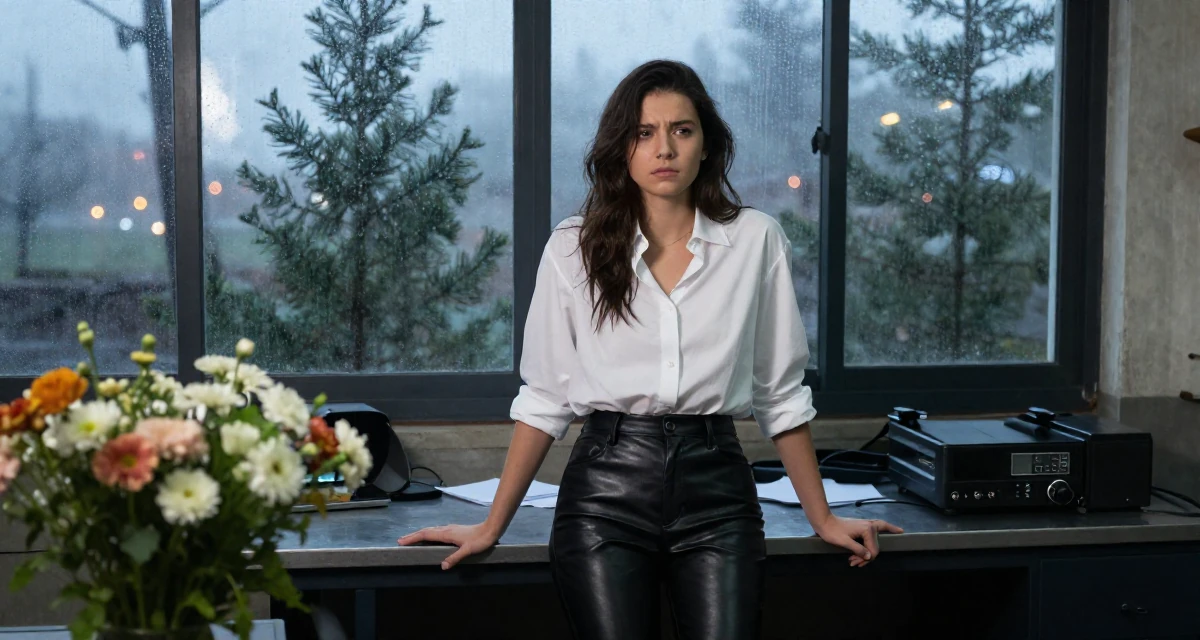 A unbothered Female Once a junior accountant, now embracing creative independence in their 25, dealing with pressure to choose a major, wearing a black leather trousers and a crisp white blouse, resting hands on a table in a mechanic garage.