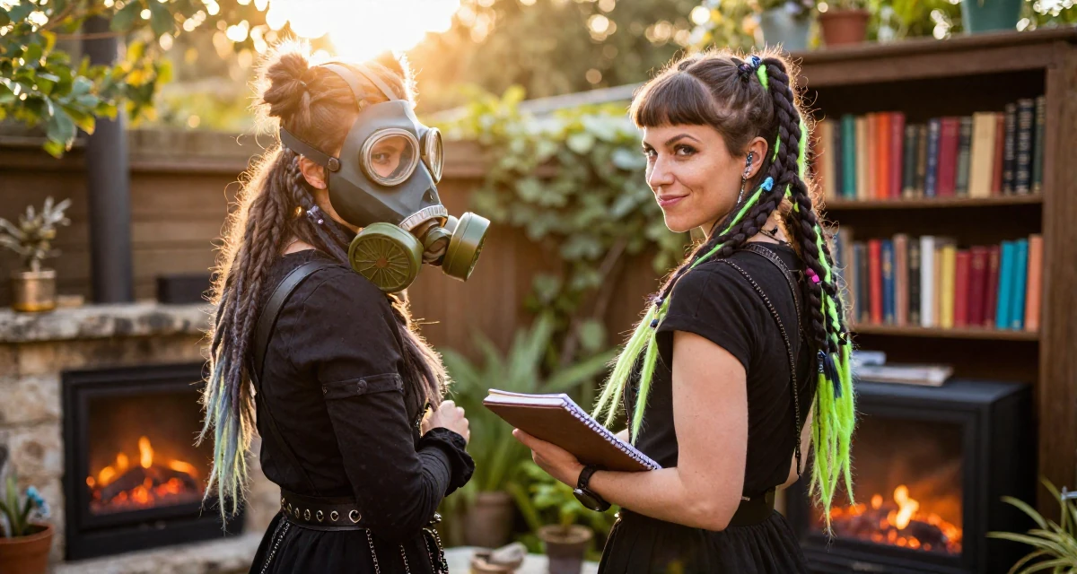 A cheeky Female Former fashion retail worker, now curating premium outfit inspiration in their 49, celebrating female friendship and support, wearing a cyber-goth outfit with gas mask and neon dreads, holding a notebook in a backyard garden.