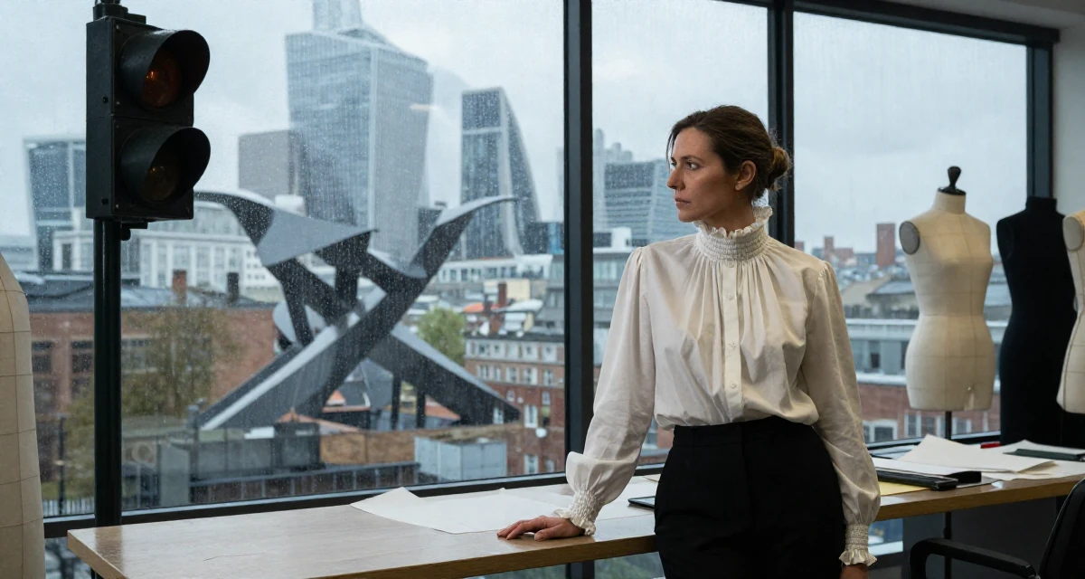A stoic and strong Female From UK, studied law at a prestigious university in their 40, celebrating a decade of professional mastery, wearing a high-neck victorian style blouse and black slacks, waiting for a light to change in a fashion design studio.