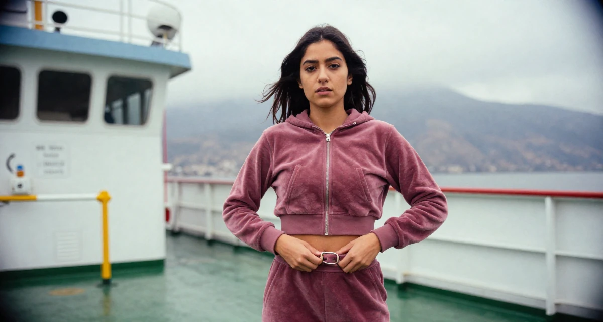 A grounded Female From Chile, based in Santiago, graduated from a communication college majoring in aesthetic storytelling in their 21, seeking internships and professional validation, wearing a velour tracksuit with a cropped zip-up hoodie, fixing a belt buckle in a ferry deck.