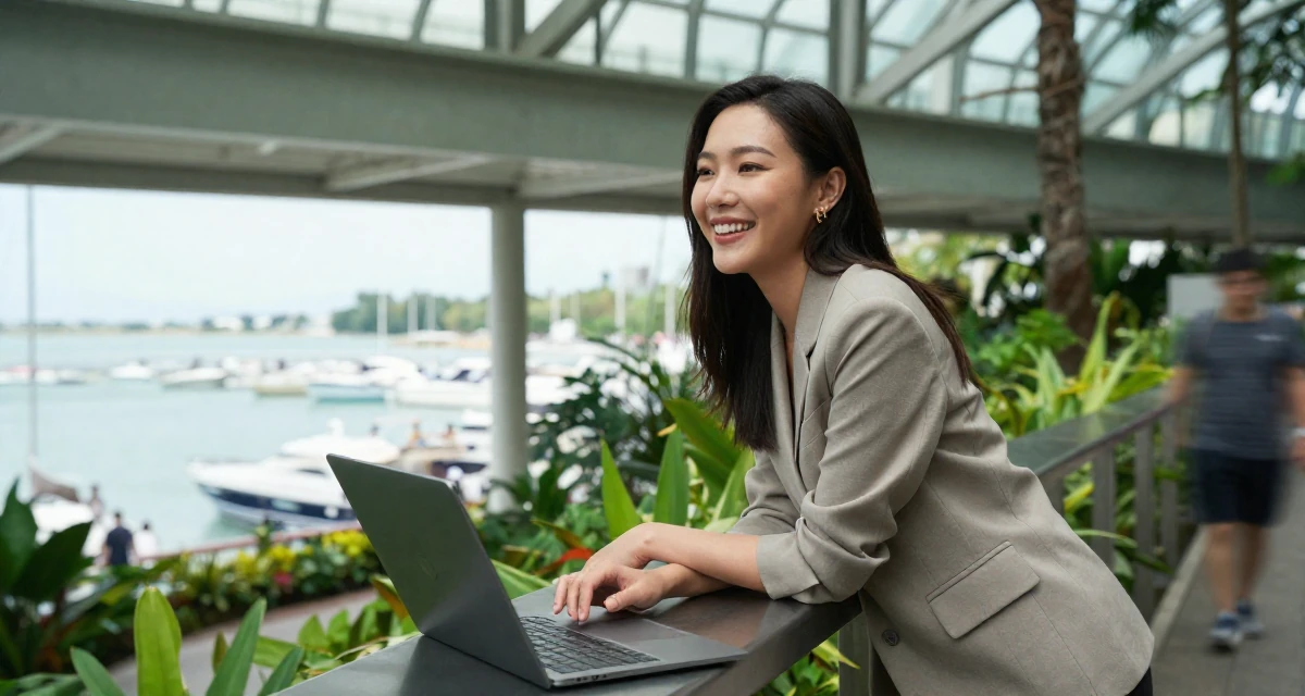A optimistic Female From Thailand, based in Phuket, graduated from a media academy majoring in tropical glamour production in their 25, forcing productivity during slow months, wearing a smart casual blazer ensemble, leaning on a railing in a botanical garden.