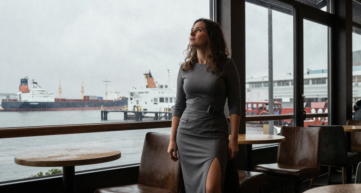 A thoughtfully silent Female Raised in Poland, majored in entrepreneurship studies in their 45, sharing wisdom on navigating office politics, wearing a long pencil skirt with a high side slit, looking up at the sky in a coffee shop corner.