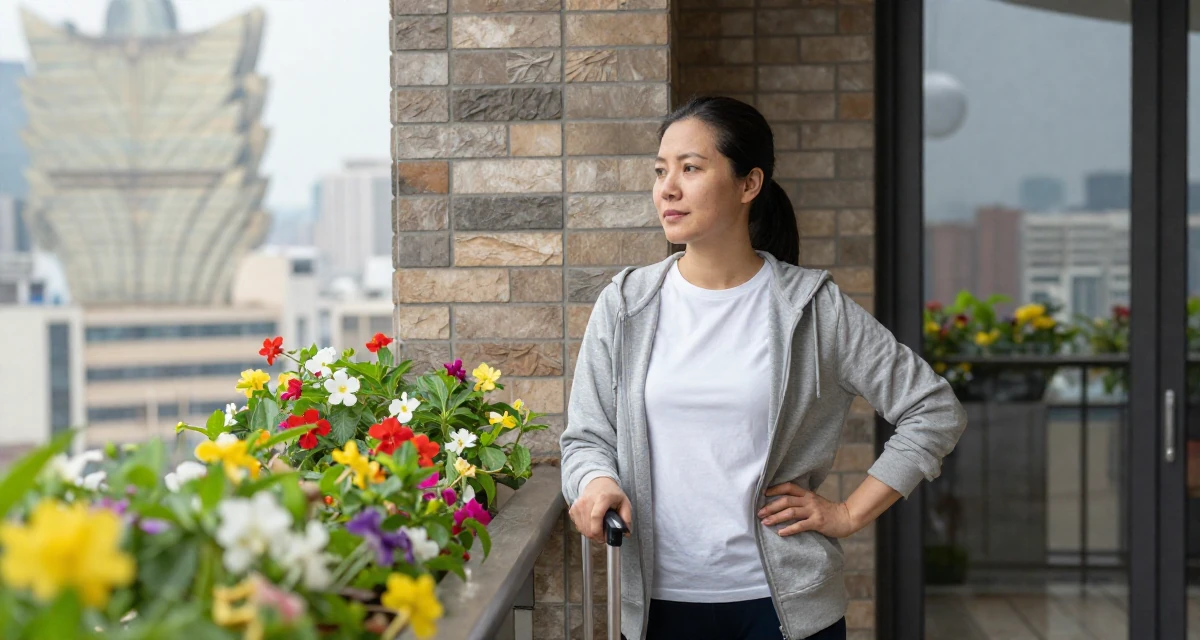 A settled Female From Macau, studied hospitality management in their 32, focusing on health and longevity habits, wearing a relaxed streetwear, polling a luggage handle in a luxury penthouse balcony.