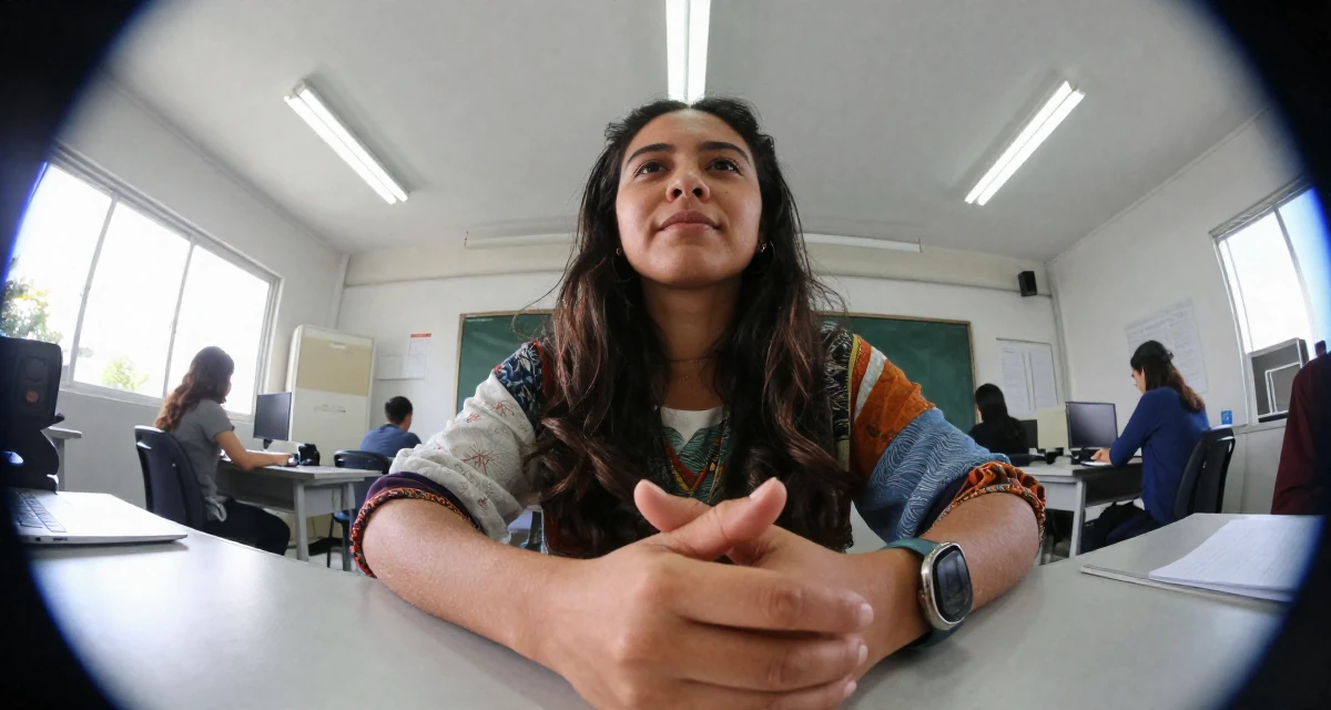 A proud Female Born in Colombia, majored in media innovation in their 36, sharing the ups and downs of entrepreneurship, wearing a artistic layered clothing, clasping hands together in a classroom setting.