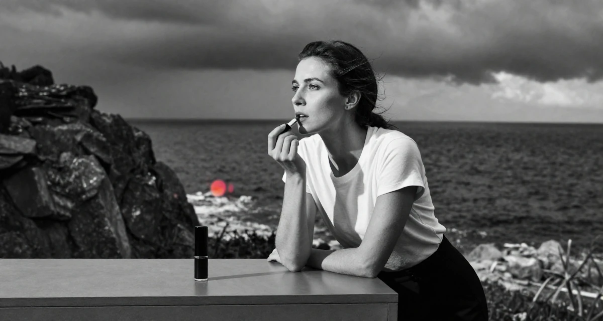 A settled Female From Hamburg Germany, learned studio lighting from fashion workshops in their 44, minimalist living with a focus on quality, wearing a minimalist everyday clothing, applying lipstick in a rocky ocean cliff.