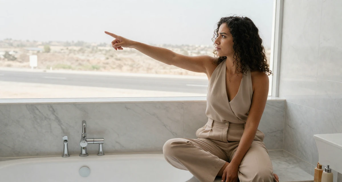 A gently serious Female From Morocco, based in Casablanca, graduated from a cultural college majoring in expressive movement studies in their 23, tired of the hookup culture and dating apps, wearing a halter neck top and wide-leg office trousers, pointing at something distant in a marble bathroom with a tub.