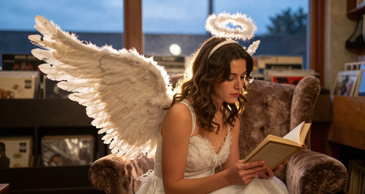 A sentimental Female Born in New Zealand, studied creative media production in their 45, exploring hobbies neglected during younger years, wearing a angel costume with large feathered wings and a halo, opening a book in a vintage record store.