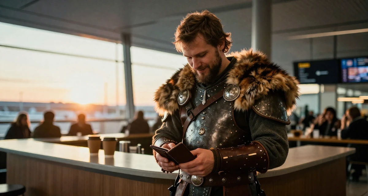 A quietly happy male From Prague Czech Republic, explored intimate photography as art in their 26, working through back-to-back burnout cycles, wearing a viking shield-maiden outfit with fur and leather, checking a wallet in a airport terminal.