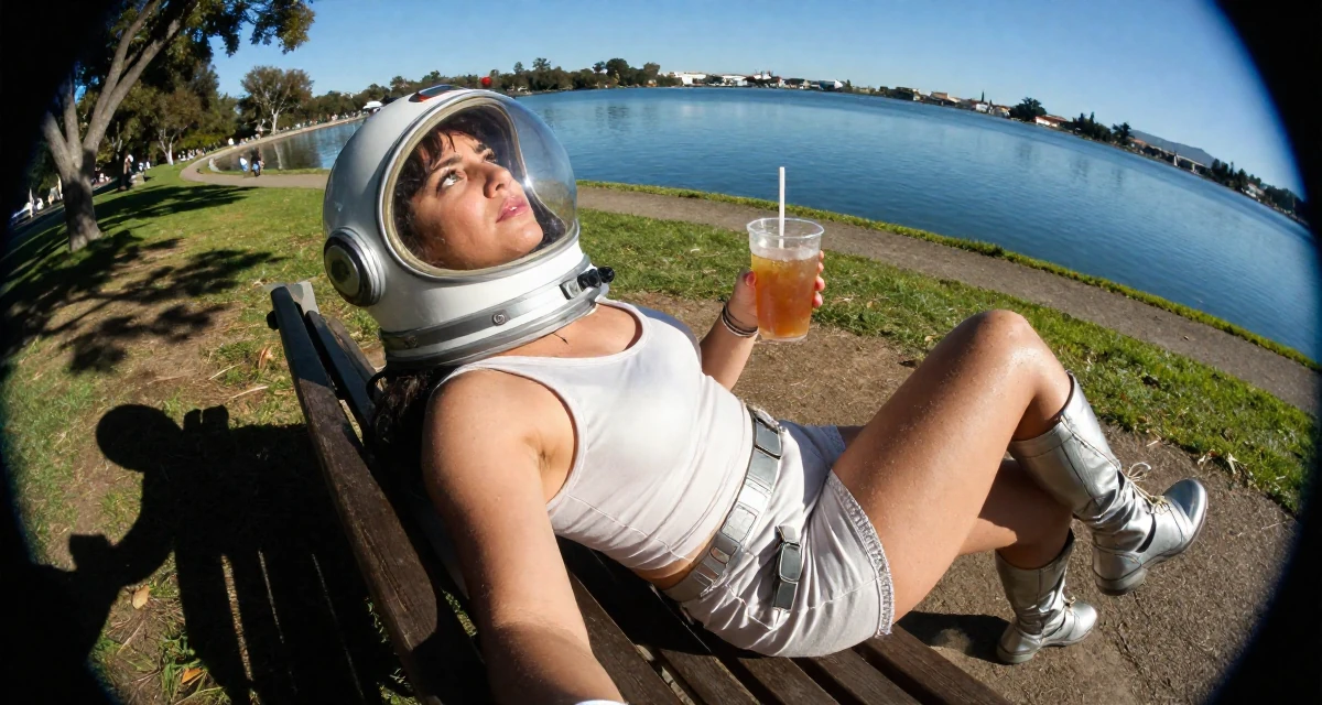A disinterested Female From South Africa, based in Cape Town, graduated from a fashion university majoring in body-positive styling in their 55, exploring digital entrepreneurship, wearing a retro sci-fi space girl outfit with a bubble helmet, holding a cold drink in a park bench.