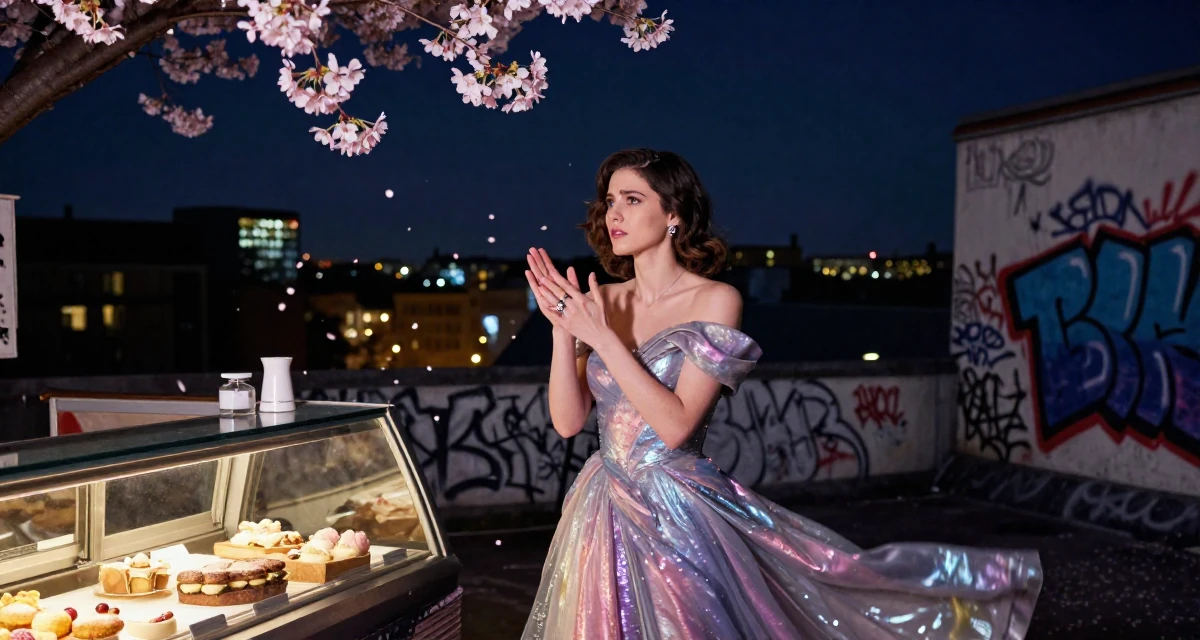 A worried Female Previously a music major, now offering exclusive performance clips in their 25, radiating an elegant and poised vibe, wearing a galactic princess gown with metallic fabrics, playing with a ring in a bakery counter.