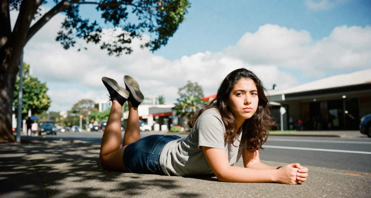 A indifferent Female From Australia, based in Gold Coast, graduated from a media academy majoring in sensual creative direction in their 25, starting college life away from home, wearing a comfortable urban casual outfit, shifting weight impatiently in a urban street.