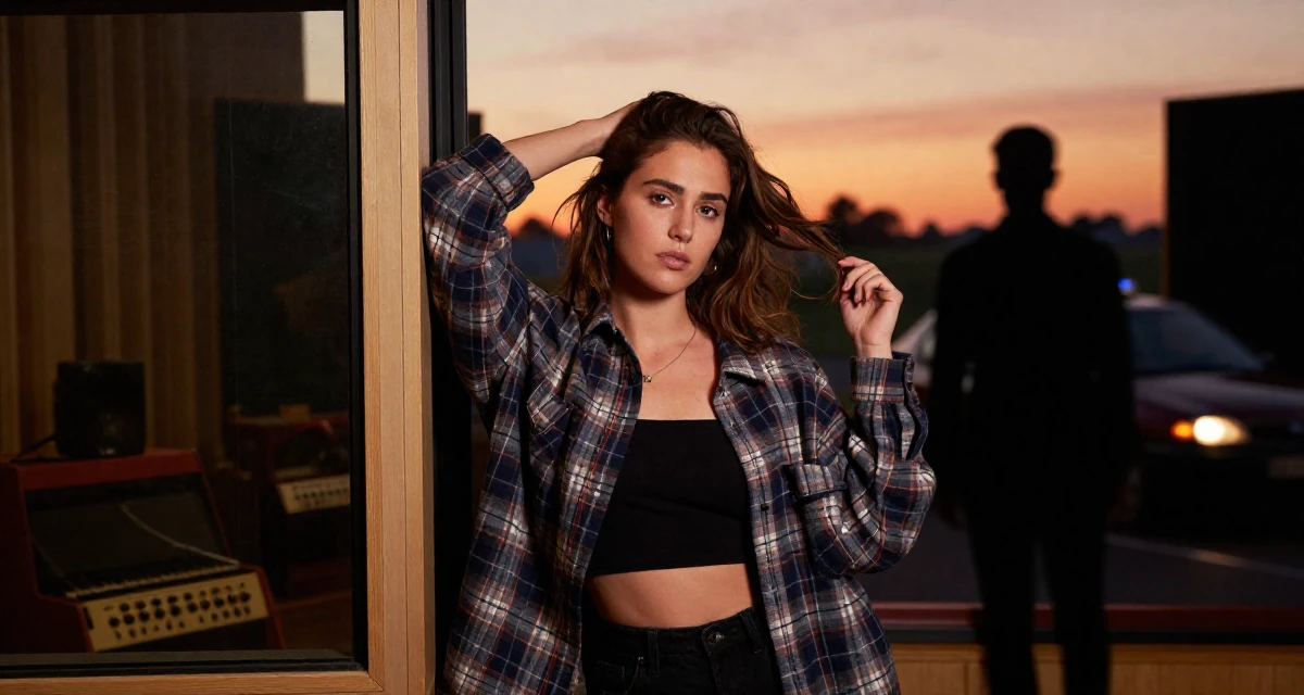 A aloof but intriguing Female From England, majored in philosophy in their 22, transitioning from internships to real jobs, wearing a oversized flannel shirt unbuttoned over a crop top, fixing a loose strand of hair in a music recording studio.