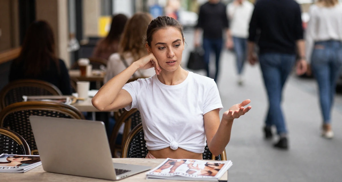 A fearless Female From Russia, trained as a classical ballerina in their 26, juggling real-life chaos with online expectations, wearing a classic white t-shirt knotted at the front and bikini bottoms, smoothing down a dress in a cozy café.