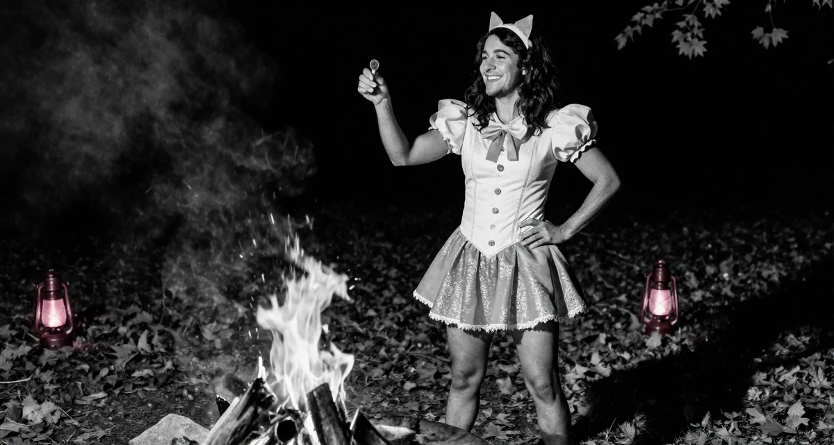 A joyful male From the United States, based in Miami, graduated from a creative institute majoring in seductive branding in their 40, re-evaluating life goals with clarity, wearing a magical girl anime costume with a sparkly short skirt, flipping a coin in a campfire circle.