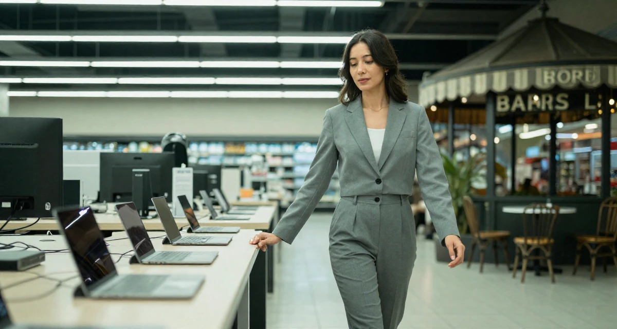 A peaceful Female Born in Indonesia, studied brand communication in their 30, carrying the weight of years of hustling online, wearing a cropped business jacket and high-waisted pants, stepping onto a curb in a supermarket aisle.