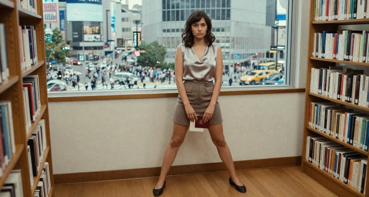 A indifferent Female From Angola, majored in logistics operations in their 25, learning responsibility through small failures, wearing a sleeveless silk top and a high-waisted skirt, holding a passport in a quiet library corner.