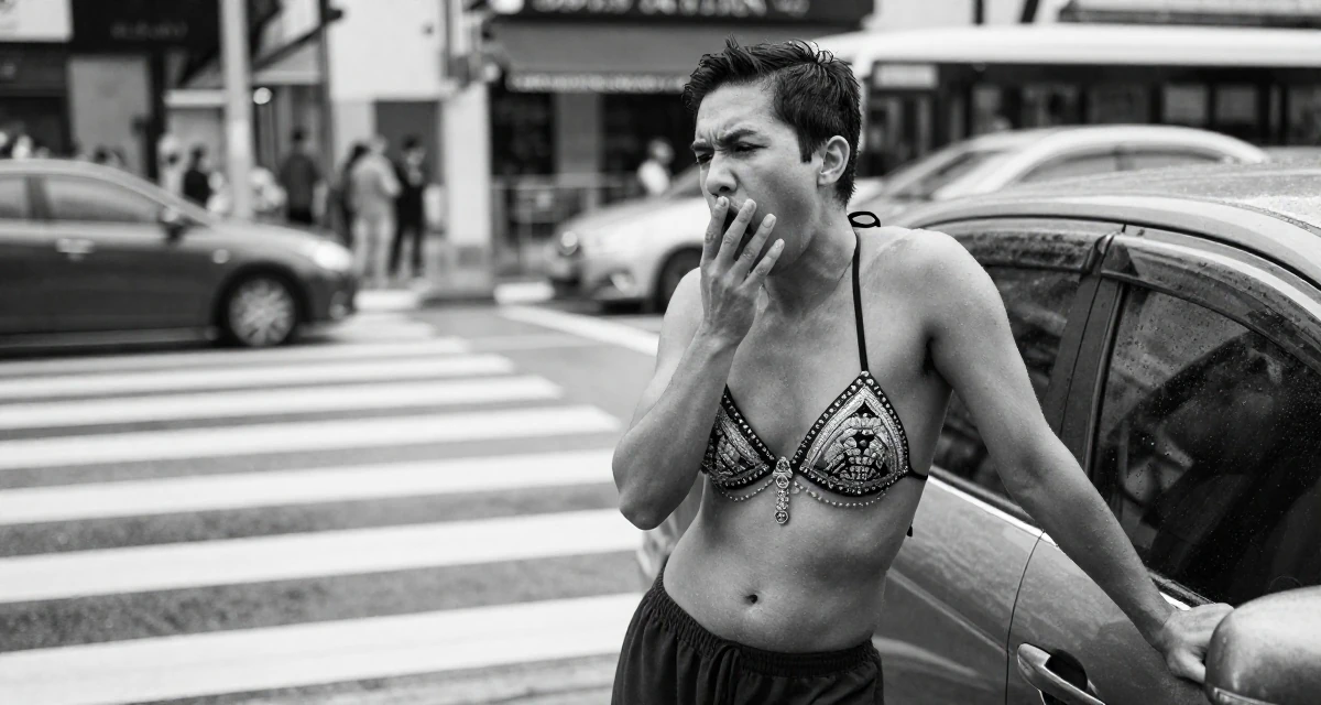 A tense male From Singapore, holds a degree in data science in their 22, mastering the art of subtle teasing through framing, wearing a harem pants and an ornate jeweled bra top, yawning discreetly in a busy crosswalk.