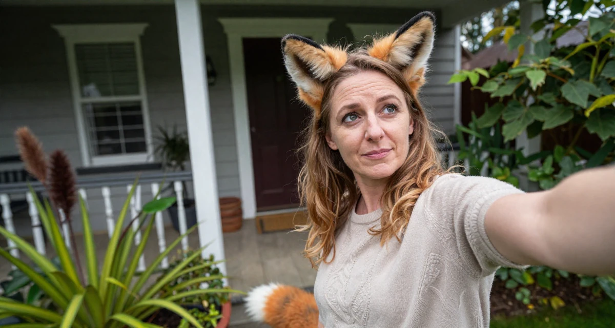 A unbothered Female From England, majored in philosophy in their 37, sharing tips for successful networking, wearing a fox spirit (kitsune) outfit with fluffy ears and tails, posing for a selfie in a front porch.