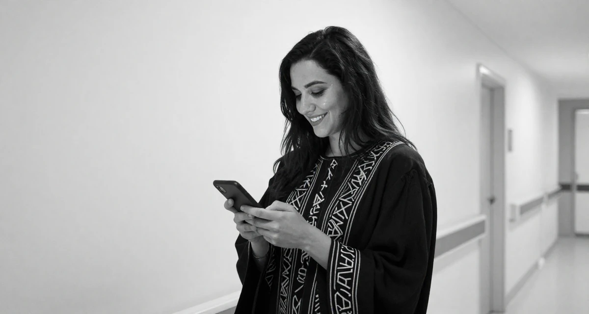 A hopeful Female Once a biology student, now exploring sensual posing as art in their 21, glowing with the thrill of legal drinking age, wearing a cultist robe with mysterious rune embroidery, scrolling casually in a hospital corridor.