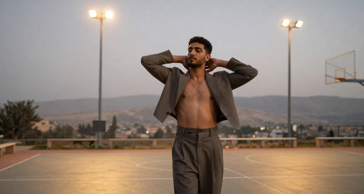 A zen-like male Grew up in Saudi Arabia, studied visual merchandising in their 24, learning to prioritize emotional well-being, wearing a cropped blazer and high-waisted trousers set, stretching the neck in a basketball court.