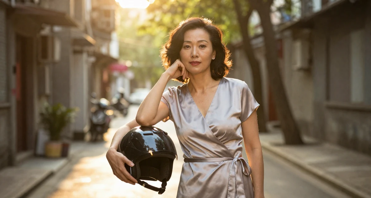 A alluring Female From Wuhan China, learned social media branding through indie projects in their 50, inspiring others to start over at any age, wearing a satin wrap dress tied loosely at the waist, holding a helmet in a neon-lit alleyway.
