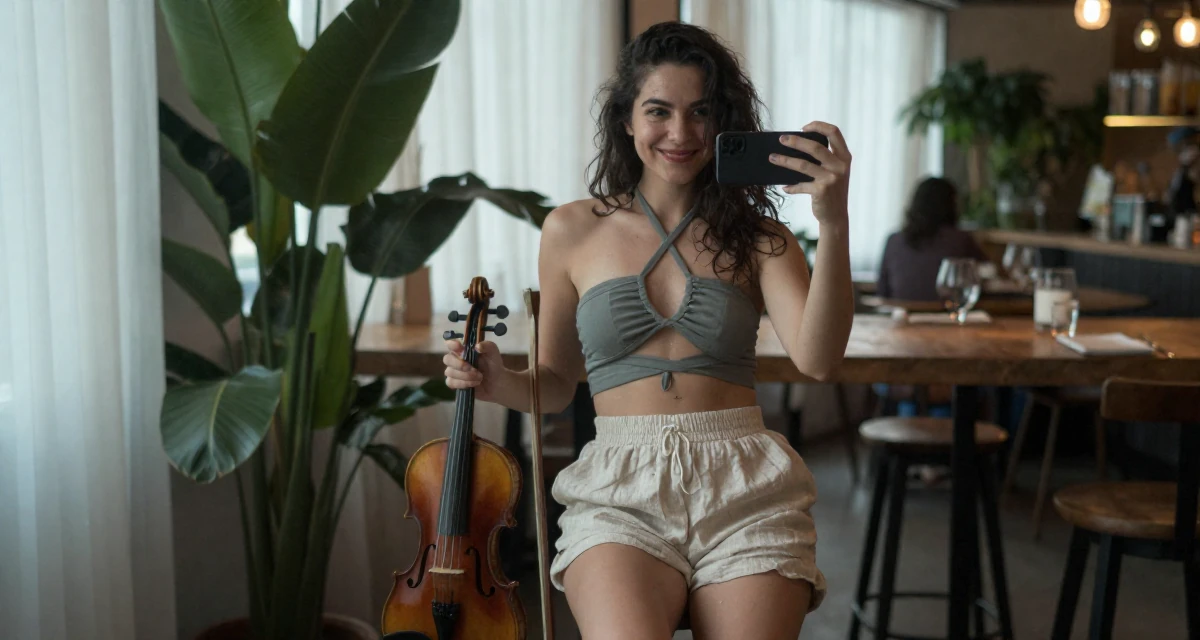 A amused Female Once a violin student, now sharing aesthetic performance clips in their 22, embracing a “soft seductress” vibe in shoots, wearing a criss-cross halter neck top and linen shorts, posing for a selfie in a high-end restaurant.
