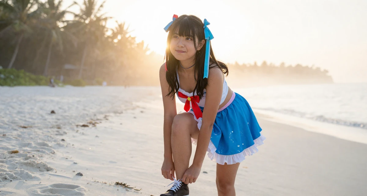 A cheeky Female From Mexico, studied public relations in their 25, forming independent opinions and values, wearing a anime idol stage costume with ribbons and glitter, tying a shoelace in a tropical white sand beach.