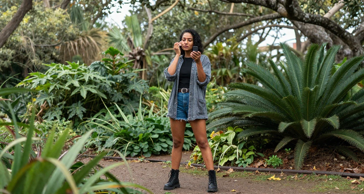 A relaxed and observant Female From Cape Town South Africa, learned outdoor modeling and posing in their 22, embracing bold concepts while respecting boundaries, wearing a edgy street style with boots, checking makeup in a compact mirror in a autumn forest.