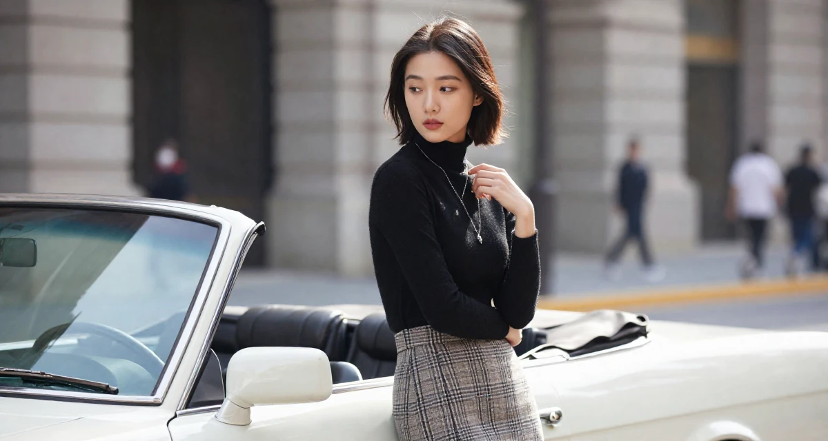 A soft Female From Shanghai China, majored in journalism in their 20, spending too much time scrolling social media, wearing a classic black turtleneck tucked into a plaid midi skirt, touching a necklace in a vintage convertible car.