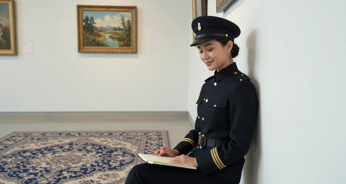 A softly smiling Female Once a geography teacher, now producing warm travel-inspired content in their 22, building a seductive aesthetic while protecting privacy, wearing a imperial officer uniform with a peaked cap, holding a notebook in a art gallery.