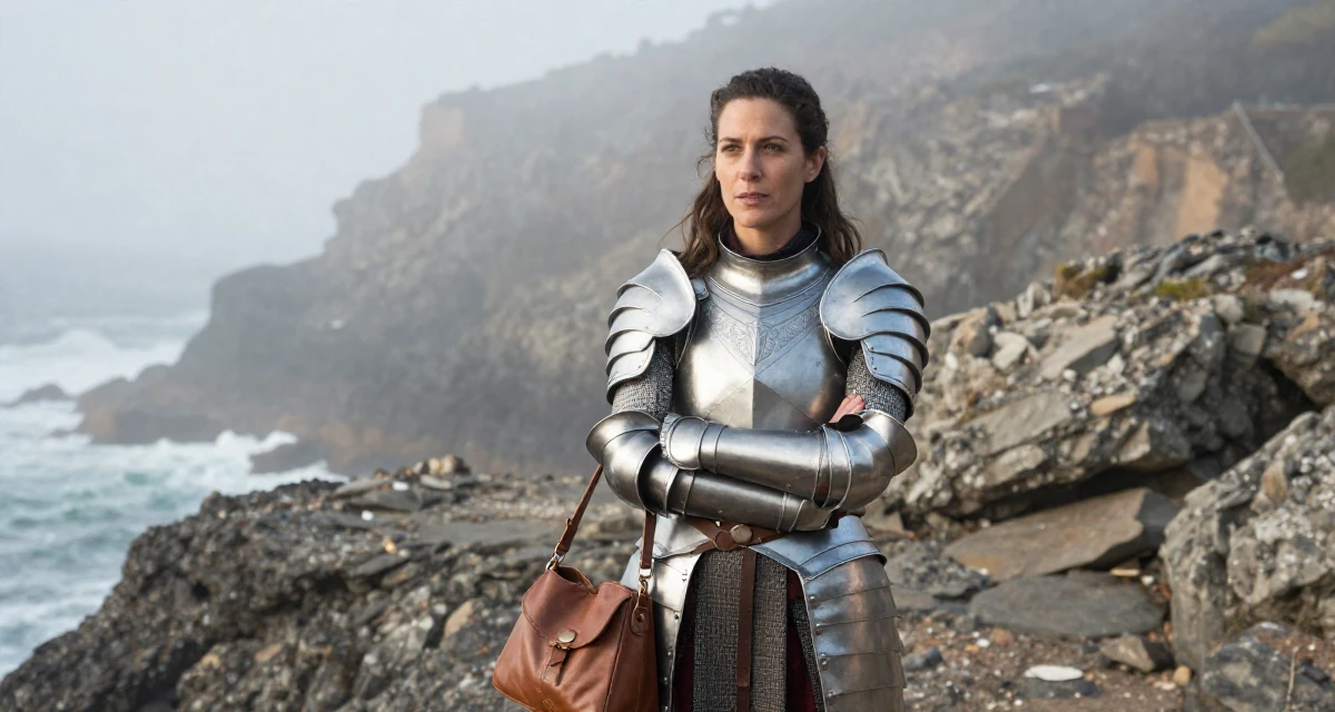 A empowered Female From USA, studied supply chain management in their 30, feeling established and financially stable, wearing a fantasy warrior princess armor made of silver metal, carrying a leather handbag in a rocky ocean cliff.