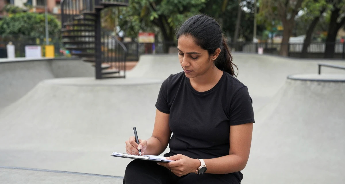 A focused and sharp Female From Bangalore India, holds a degree in software engineering in their 31, sharing the reality of post-partum recovery, wearing a urban minimalist silhouette, sketching on a pad in a skate park.