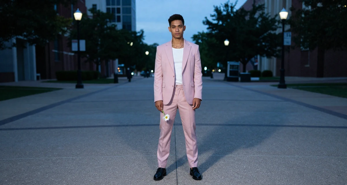 A indifferent male From Houston USA, majored in psychology in their 22, creating slow-burn sensual concepts, wearing a tailored pantsuit in pastel pink with a white top, holding a single flower in a pedestrian plaza.