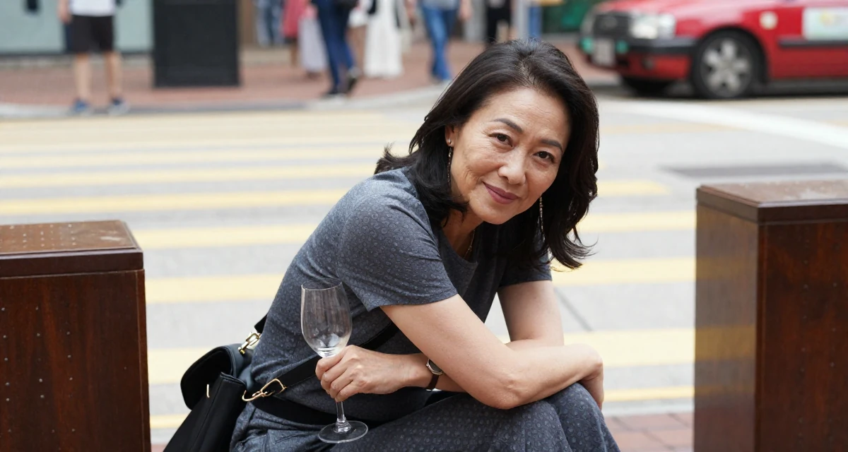 A friendly and approachable Female From Hong Kong, based in Tsim Sha Tsui, graduated from a creative institute majoring in seductive editorial styling in their 40, navigating the balance of career and aging parents, wearing a refined casual Friday look, holding a wine glass by the stem in a busy crosswalk.