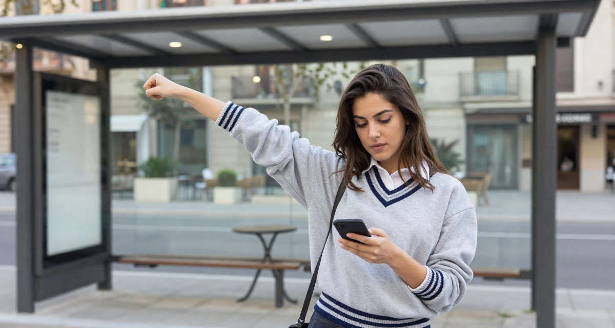 A self-assured Female From Barcelona Spain, trained in creative directing for personal content in their 20, looking for their tribe in a new city, wearing a classic collegiate style, reading a text message in a bus stop.